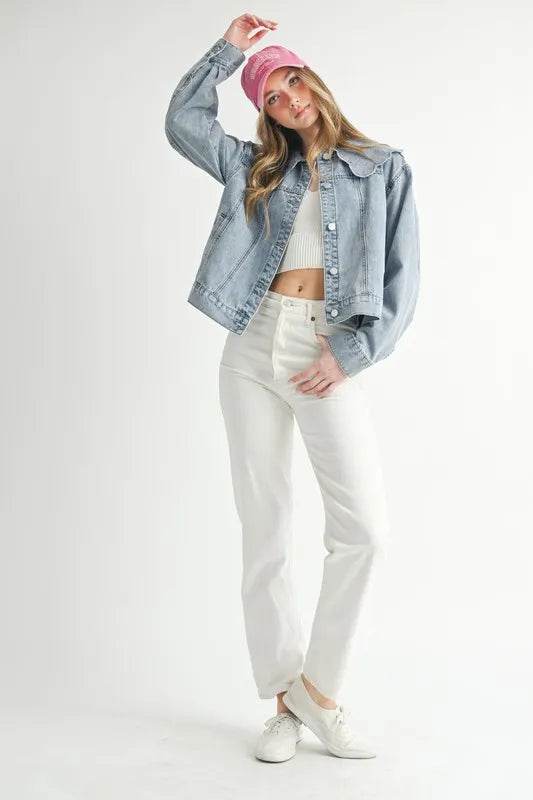 MABLE Scallop Peter Pan Collar Denim Jacket - Veloro