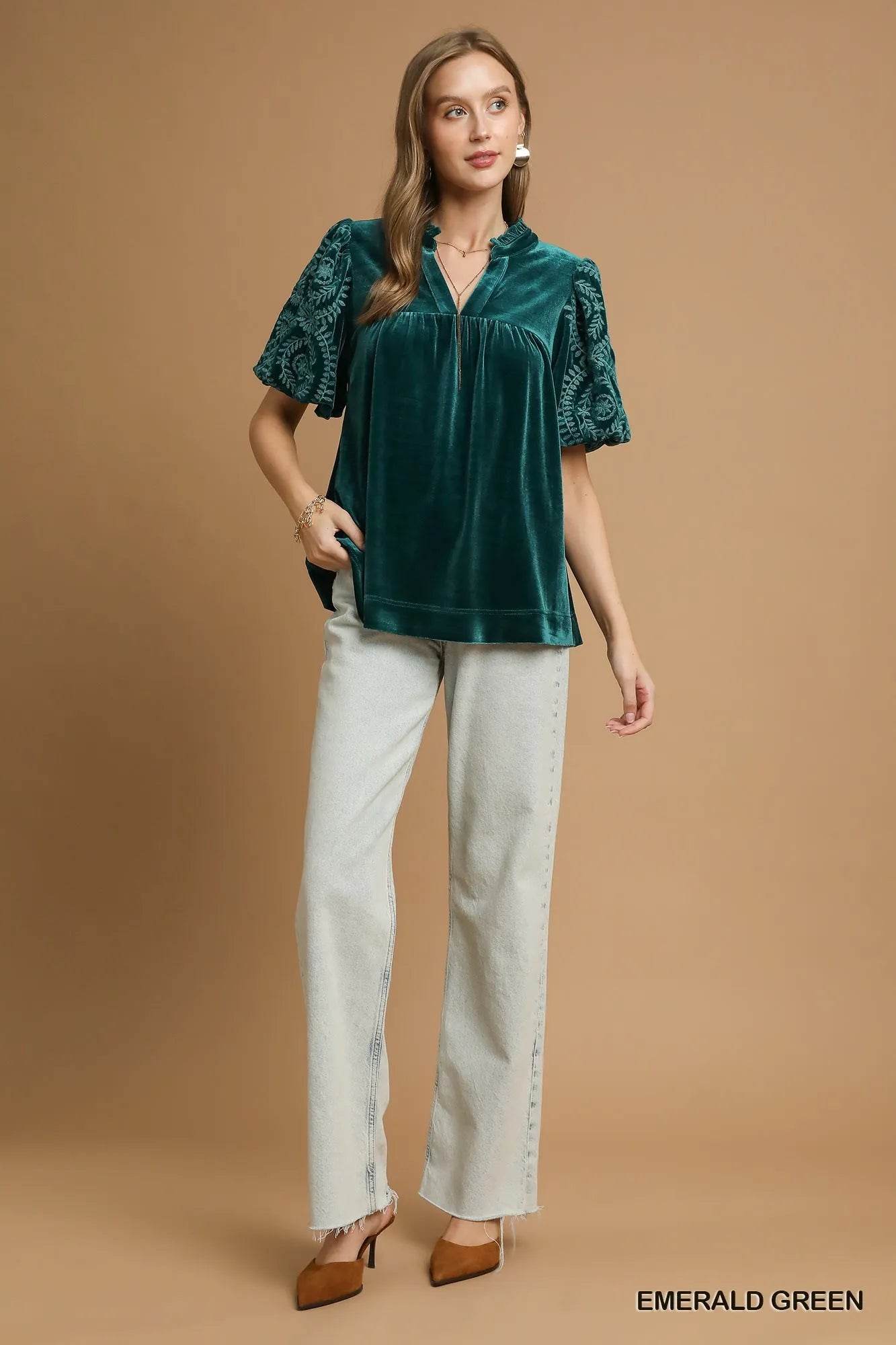 Umgee Velvet Embroidered Sleeve Blouse - Veloro