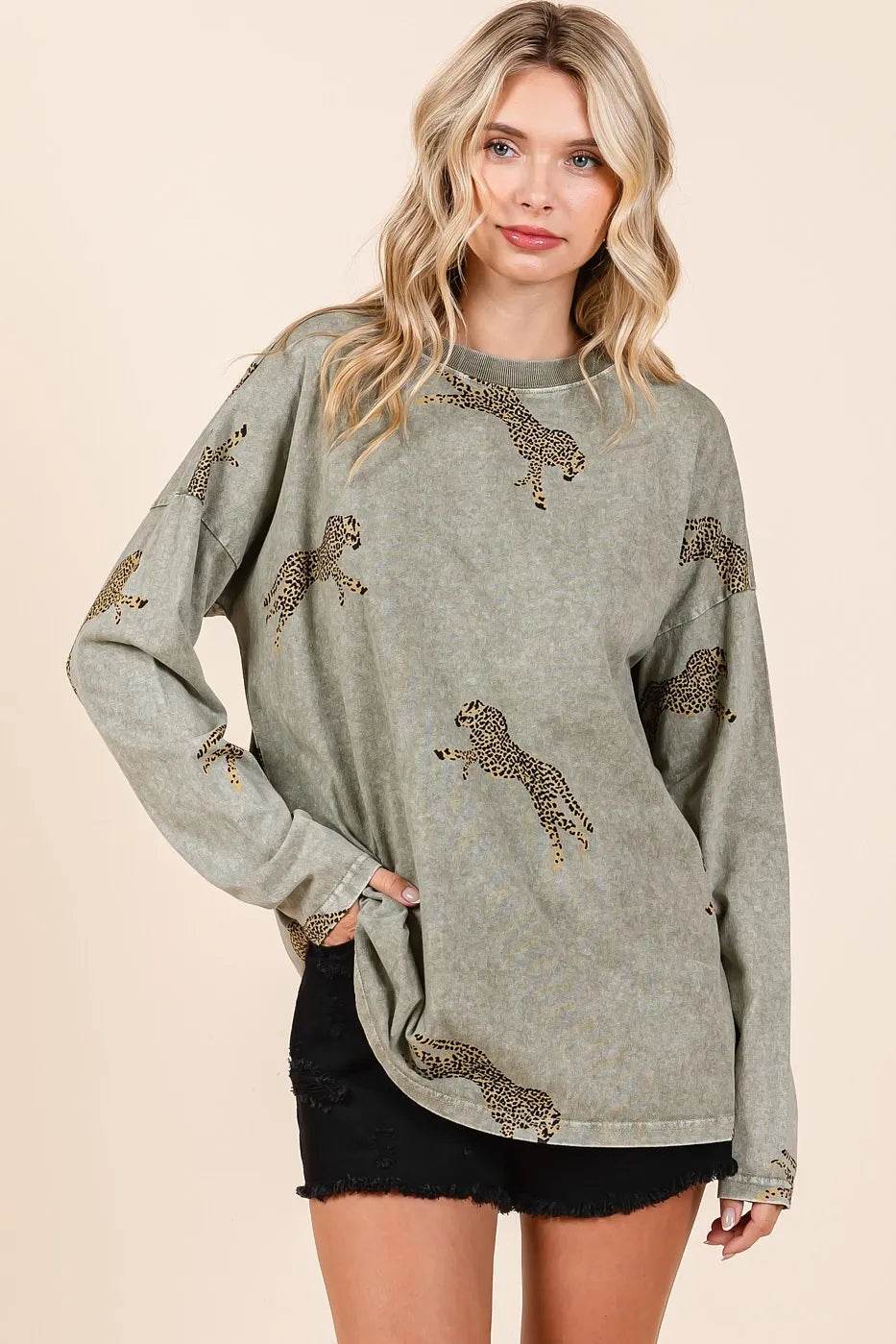 Mittoshop Mineral Wash Cheetah Print Long Sleeve Top - Veloro