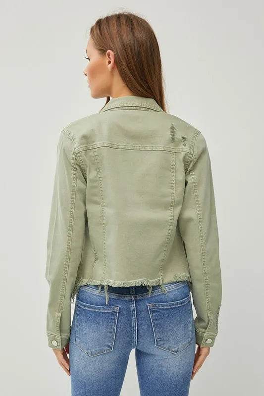 RISEN Full Size Raw Hem Button Up Cropped Denim Jacket Plus Size - Veloro