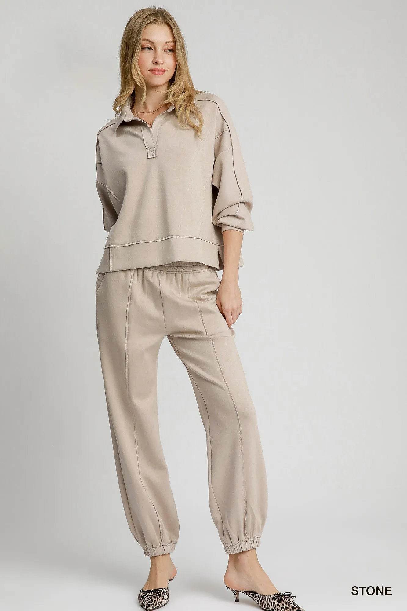 Umgee Exposed Seam Long Sleeve Polo Top with Side Slit - Veloro