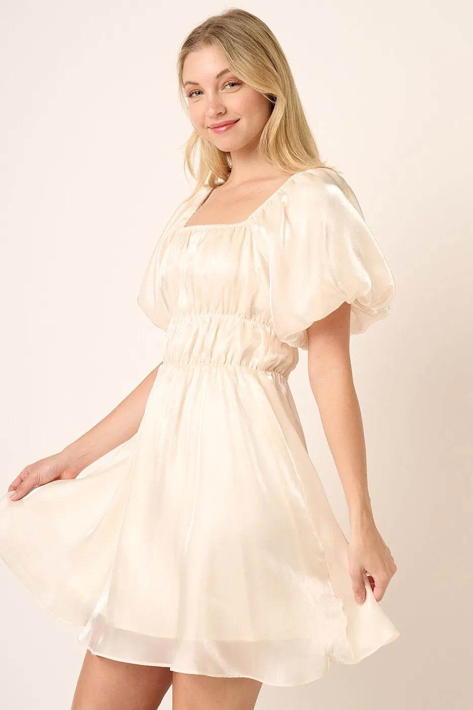 Mittoshop Metallic Organza Fabric Balloon Sleeve Mini Dress - Veloro