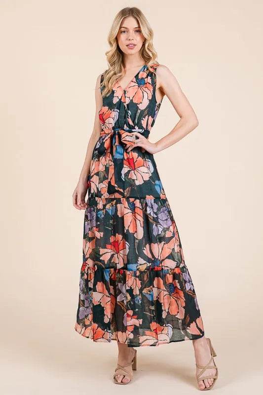 Lime 'N' Chili Floral Print Sleeveless Tie Waist Maxi Dress - Veloro