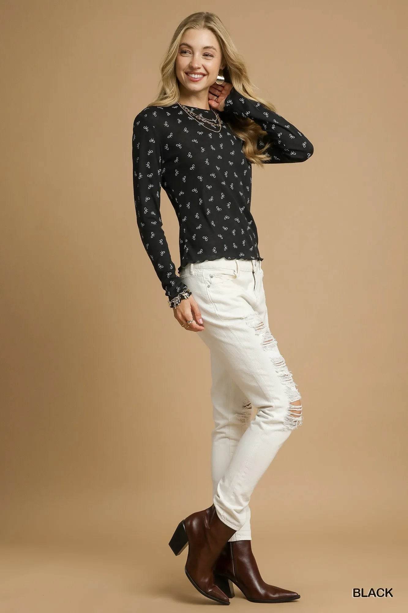 Umgee Bow Print Lightweight Knit Top - Veloro