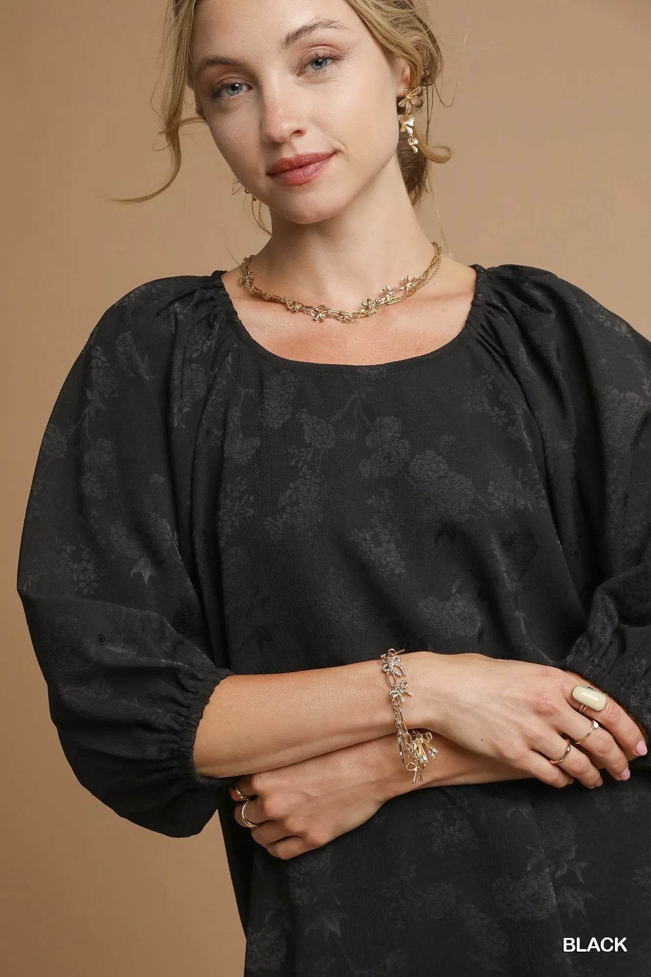 Umgee Satin Jacquard Balloon Sleeve Blouse - Veloro