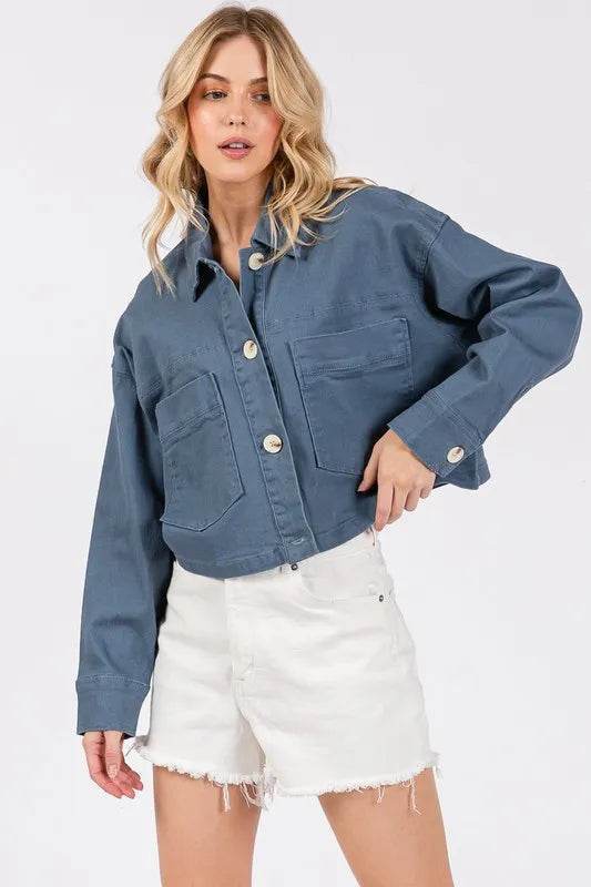bytos Button Down Cropped Denim Jacket with Patch Pockets - Veloro