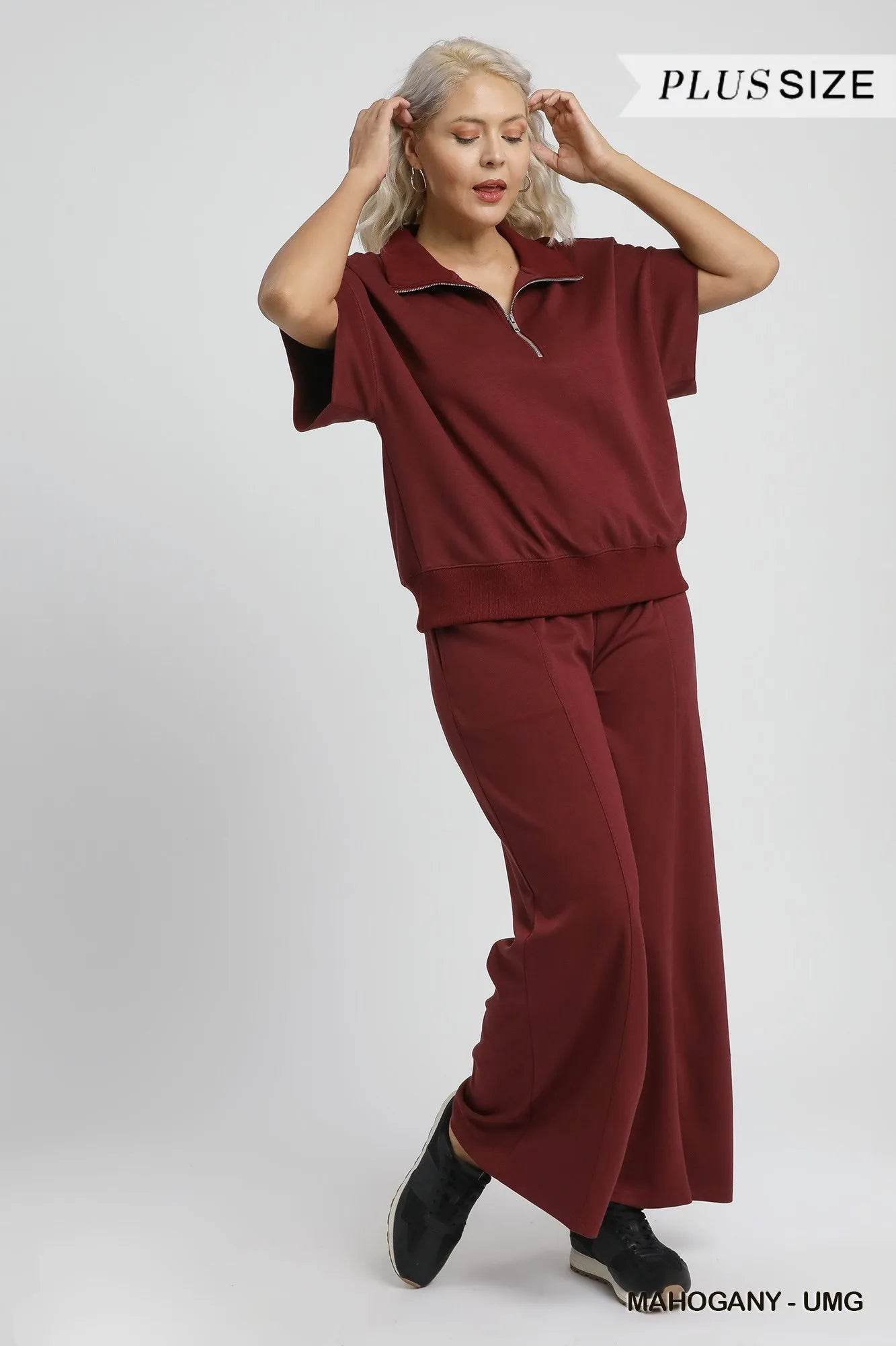 Umgee Full Size Half-Zip Short Sleeve Top Plus Size - Veloro