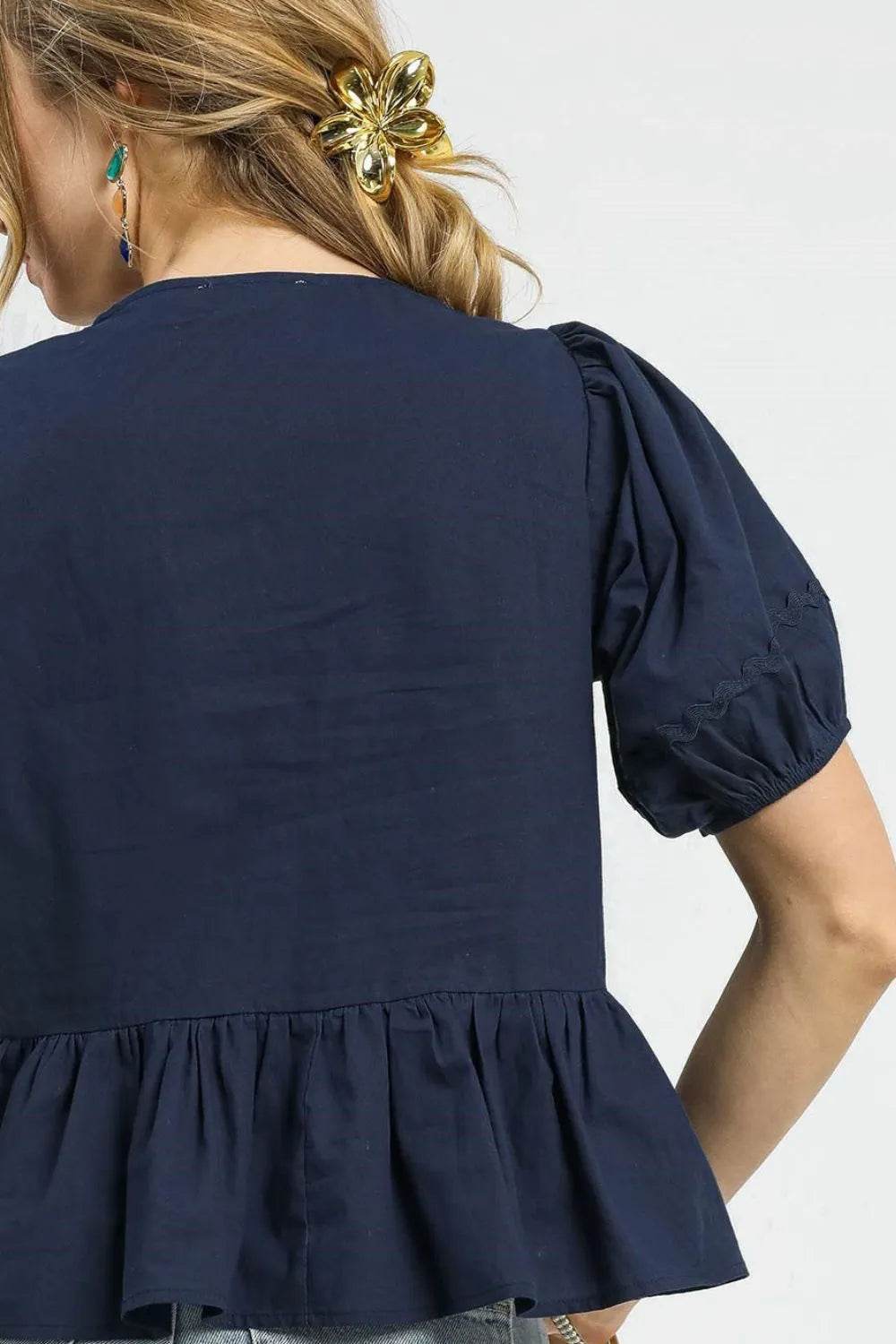 Umgee Tie Front Puff Sleeve Blouse - Veloro