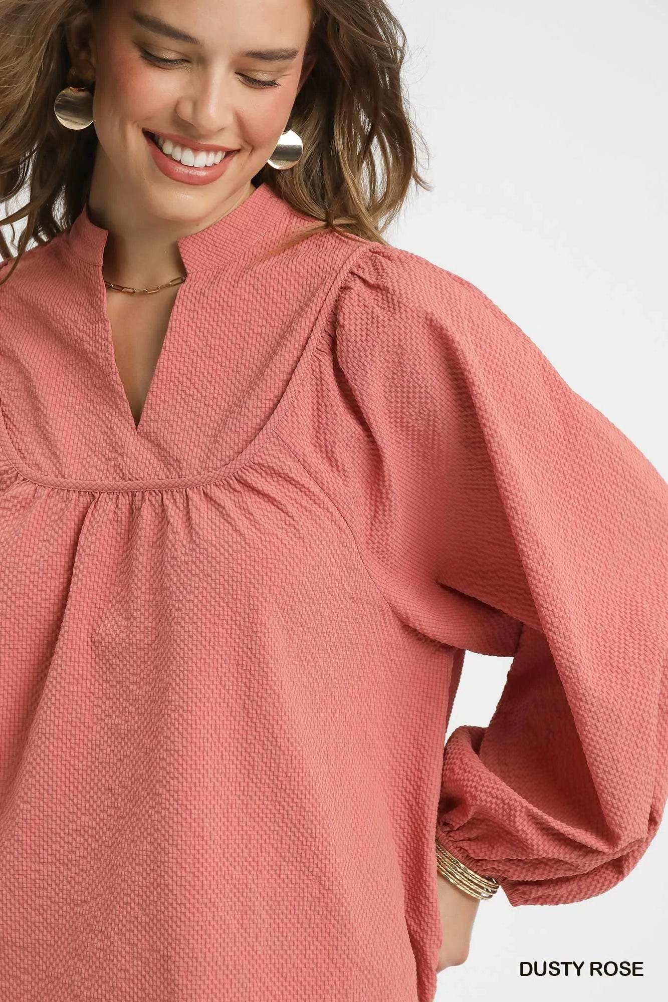Umgee Textured Notched Blouse with Balloon Sleeves - Veloro