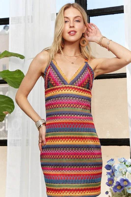 ADORA Contrast Striped V-Neck Mini Dress - Veloro