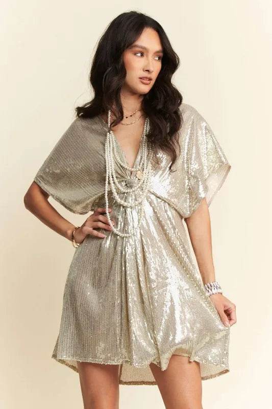 Davi & Dani Sequin Plunge Neck Knot Cut Out Tie Back Party Dress - Veloro