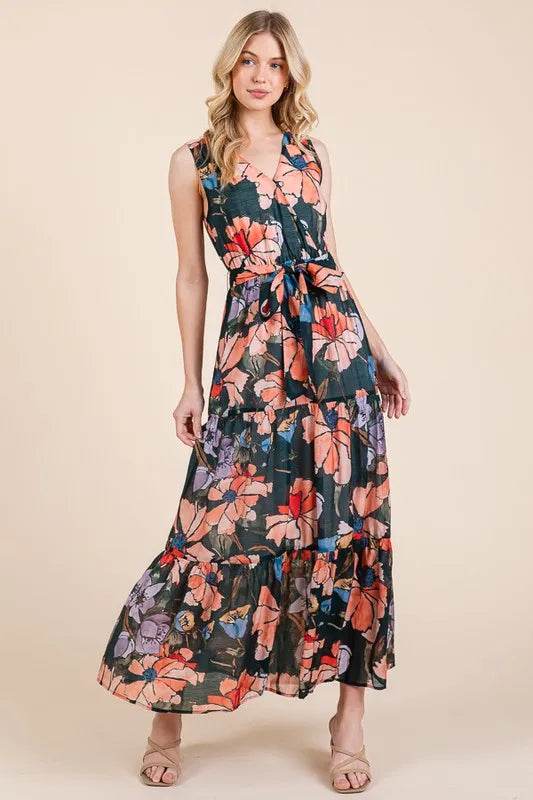 Lime 'N' Chili Floral Print Sleeveless Tie Waist Maxi Dress - Veloro