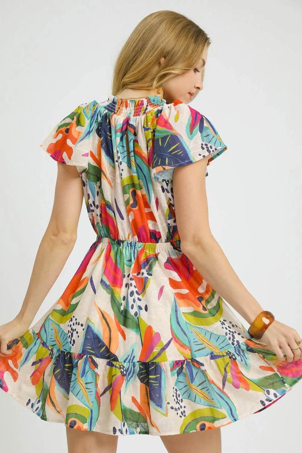 Umgee Printed Tie Neck Ruffled Hem Dress - Veloro
