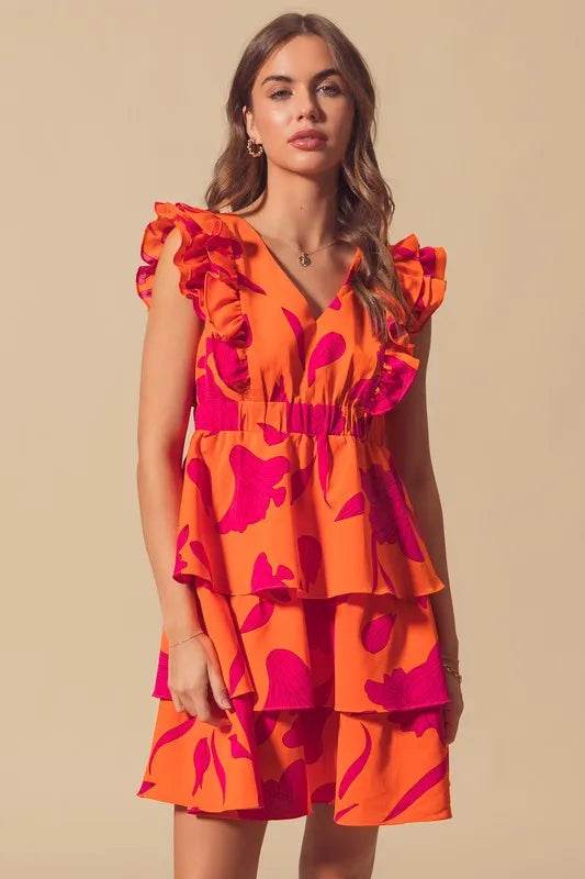 SO ME Floral V Neck Layered Dress with Elasticized Waist - Veloro