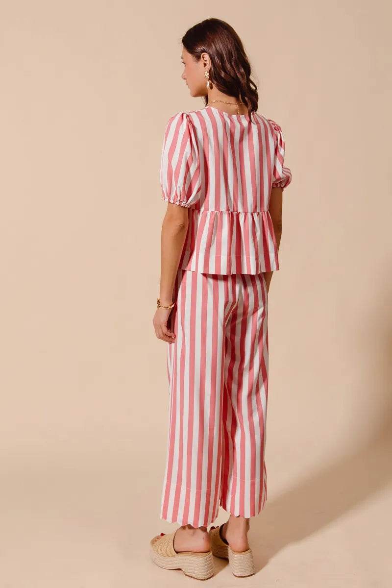 SO ME Front Tie Stripe Top With Puff Sleeves and Wide Leg Pants Set - Veloro
