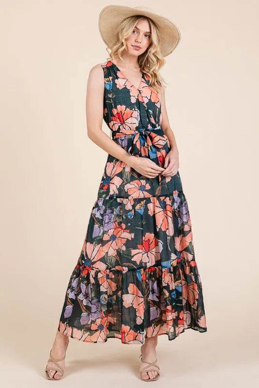Lime 'N' Chili Floral Print Sleeveless Tie Waist Maxi Dress - Veloro