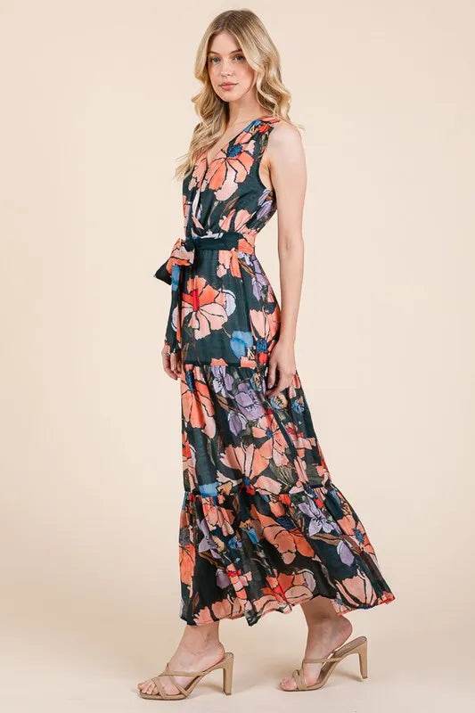 Lime 'N' Chili Floral Print Sleeveless Tie Waist Maxi Dress - Veloro
