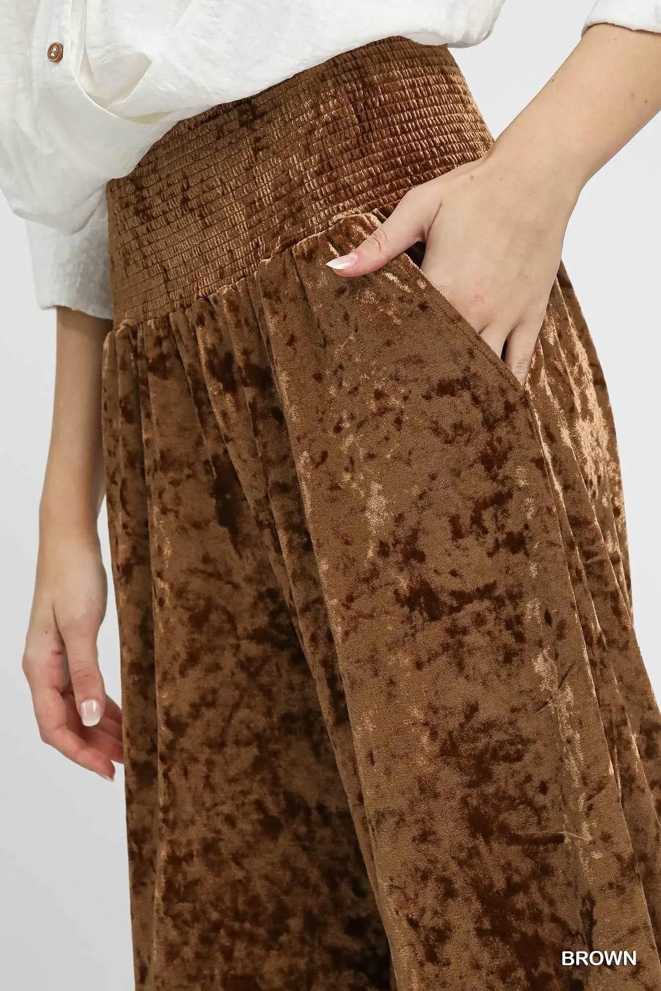 Umgee Velvet Smocked Waistband Wide Leg Pants - Veloro