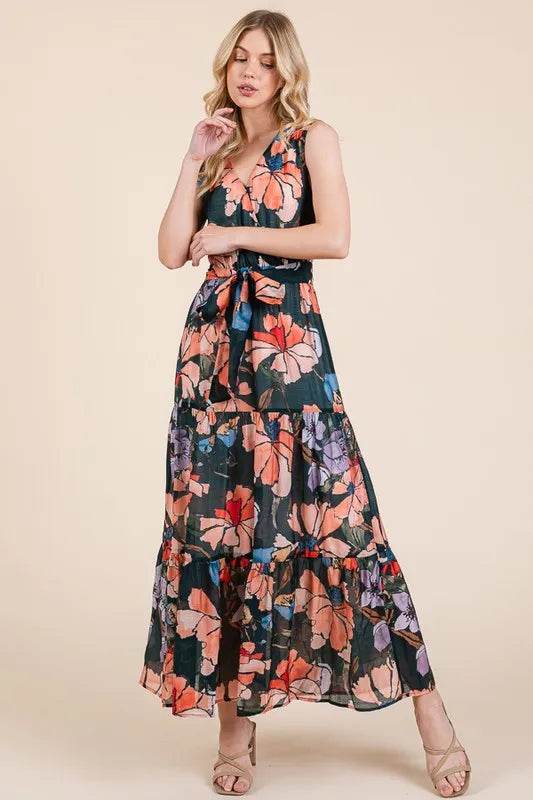 Lime 'N' Chili Floral Print Sleeveless Tie Waist Maxi Dress - Veloro