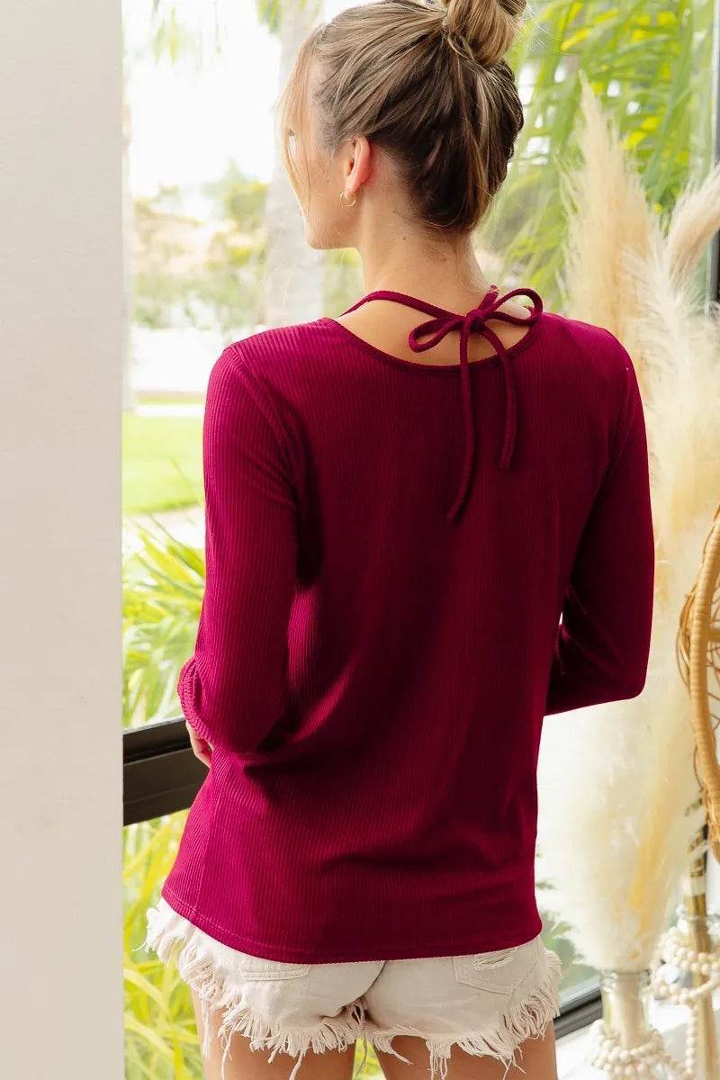 BiBi Rib Knit With Cut Out and Tied Neck Detailed Top - Veloro