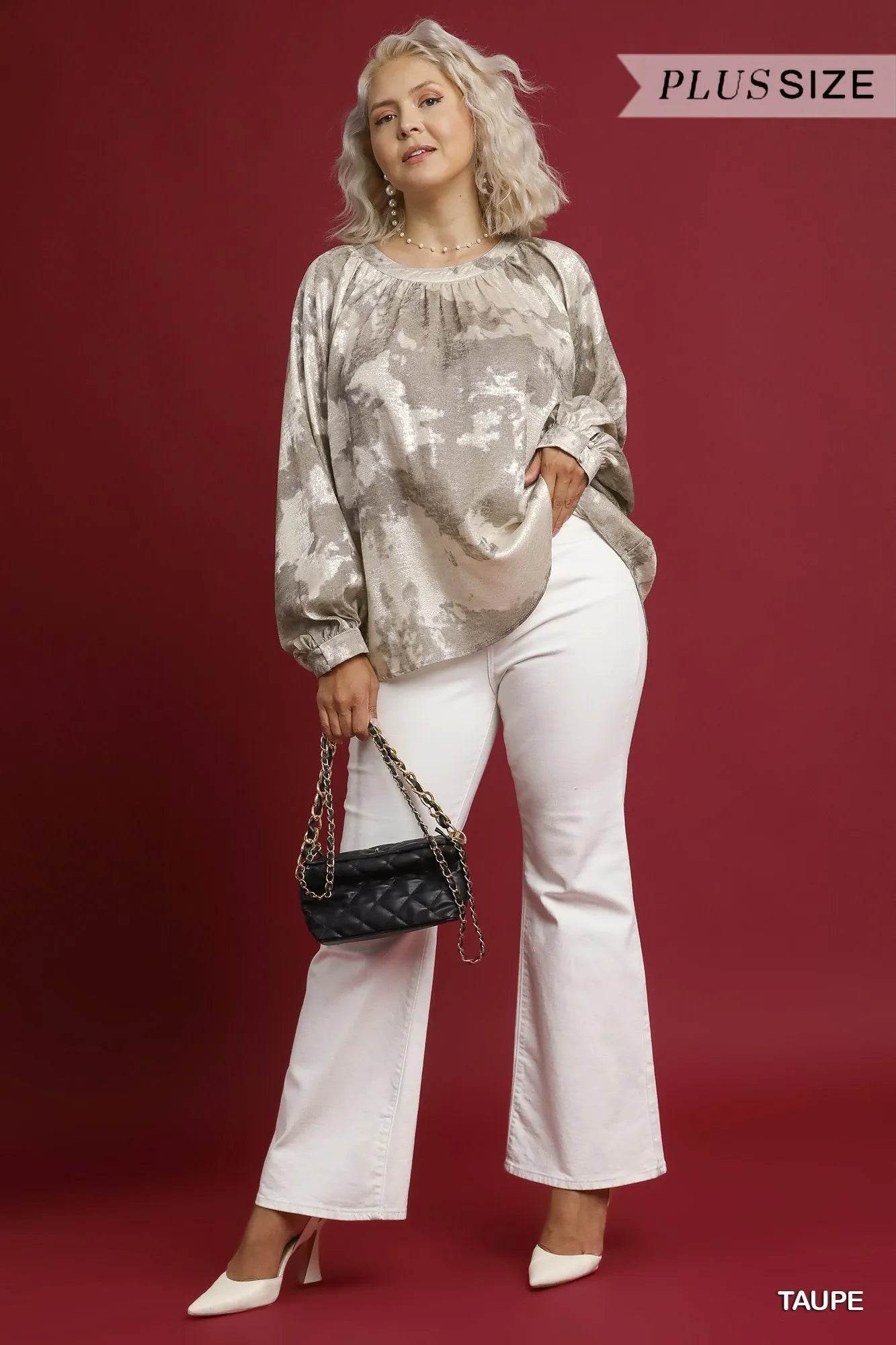 Umgee Full Size Metallic Fabric Blouse with Balloon Sleeves Plus Size - Veloro