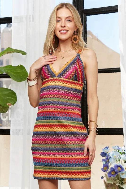 ADORA Contrast Striped V-Neck Mini Dress - Veloro