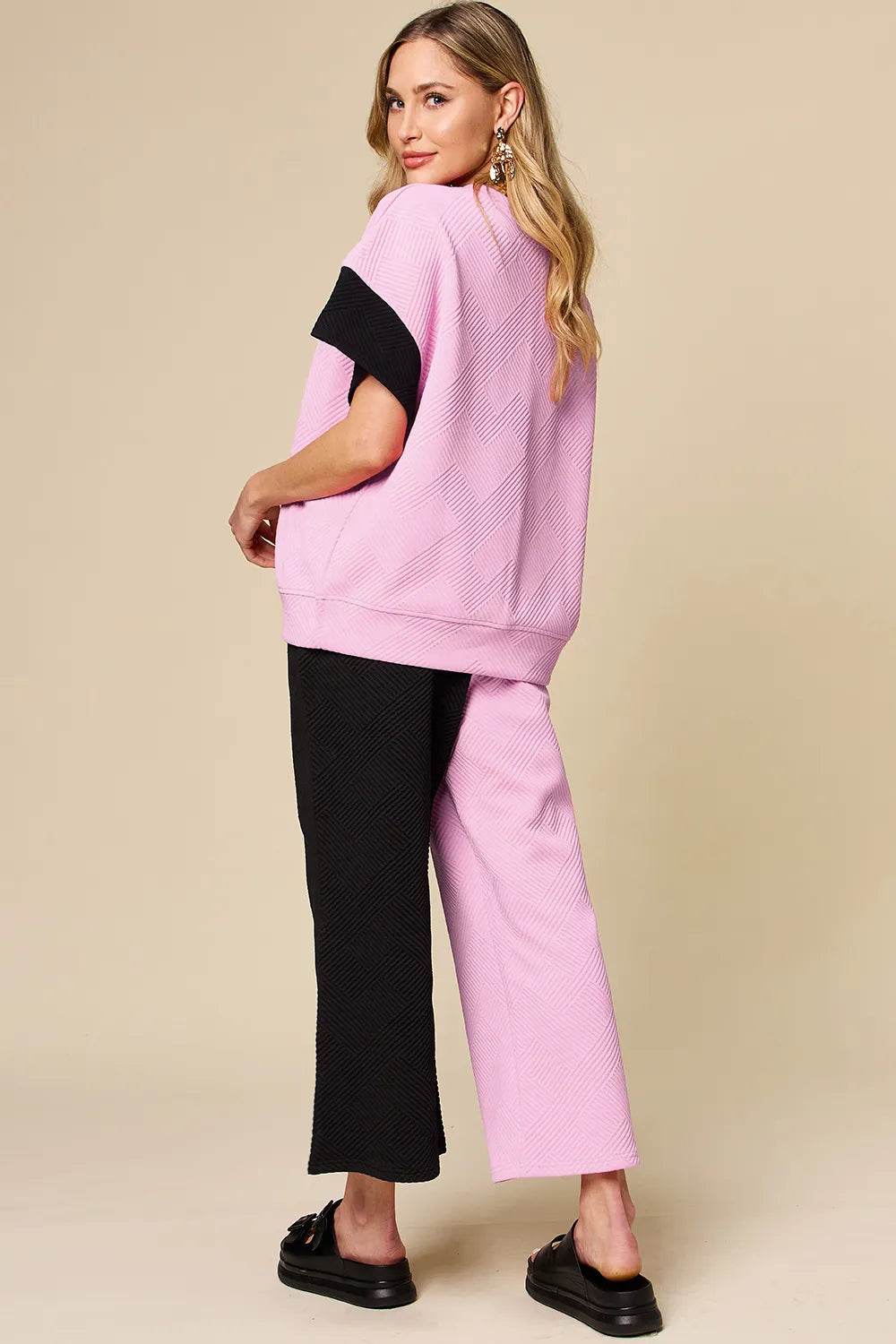 Double Take Full Size Texture Contrast T-Shirt and Wide Leg Pants Set - Veloro