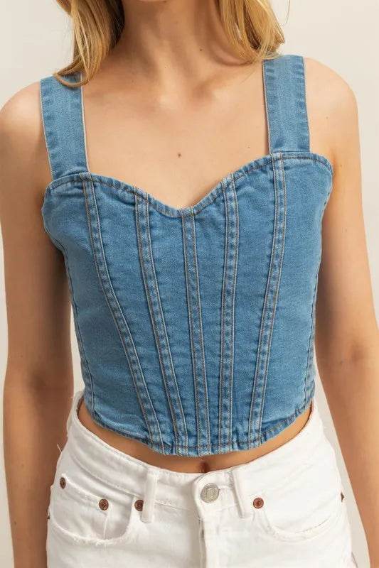 HYFVE Washed Sweetheart Neck Wide Strap Denim Tank - Veloro