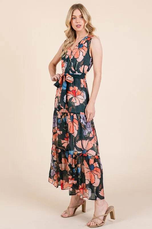 Lime 'N' Chili Floral Print Sleeveless Tie Waist Maxi Dress - Veloro