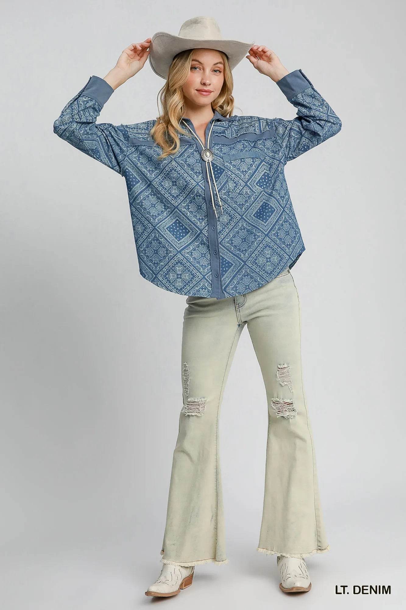 Umgee Paisley Print Denim Shirt Jacket - Veloro