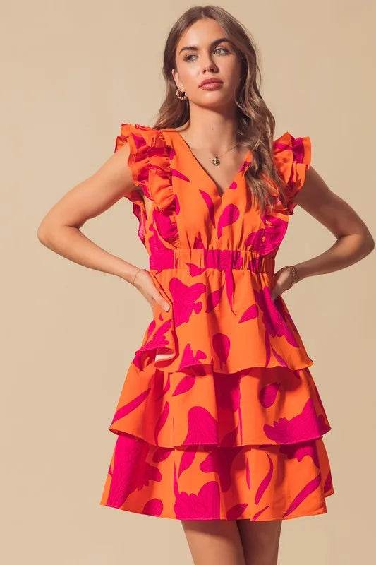 SO ME Floral V Neck Layered Dress with Elasticized Waist - Veloro