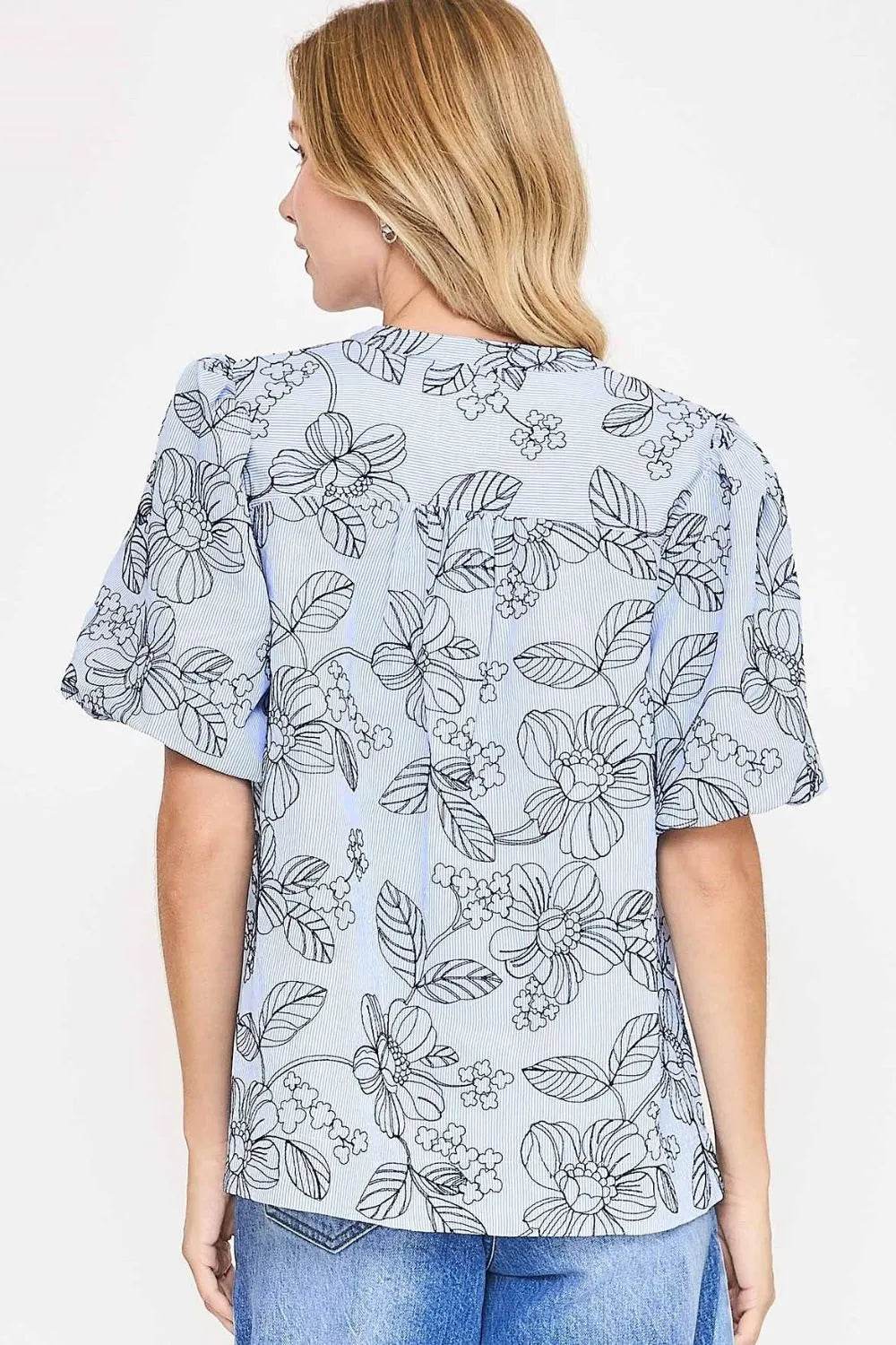 Umgee Floral Print Puff Sleeve Casual Blouse - Veloro