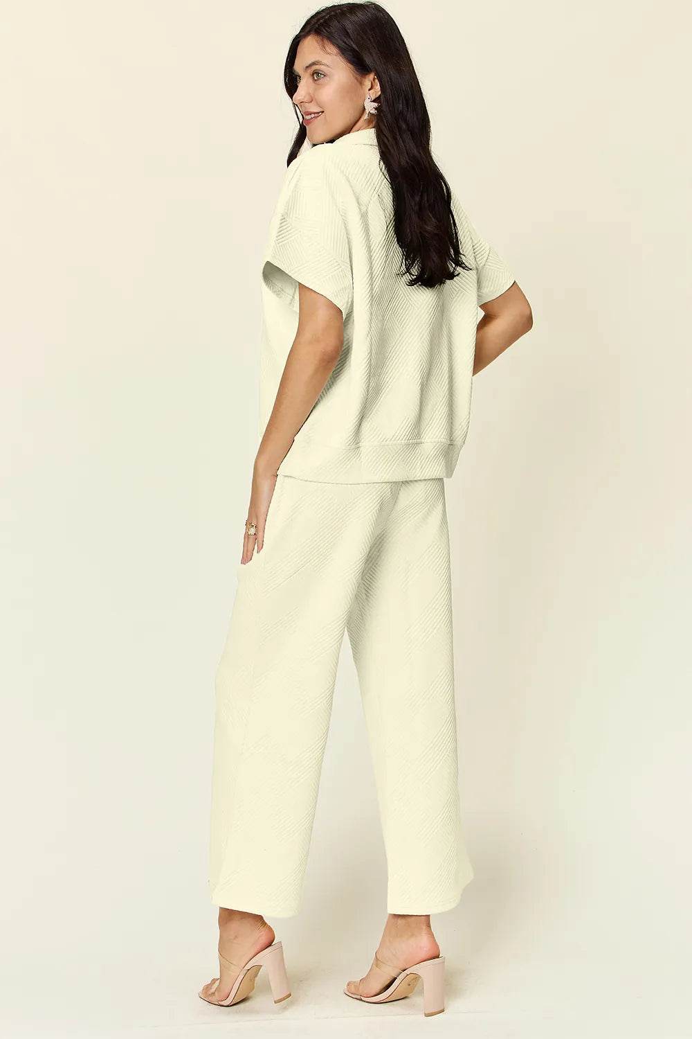 Double Take Full Size Texture Half Zip Short Sleeve Top and Pants Set - Veloro