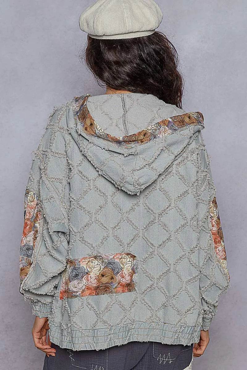 POL Zip Up Floral and Lace Patch Washed Denim Jacket - Veloro