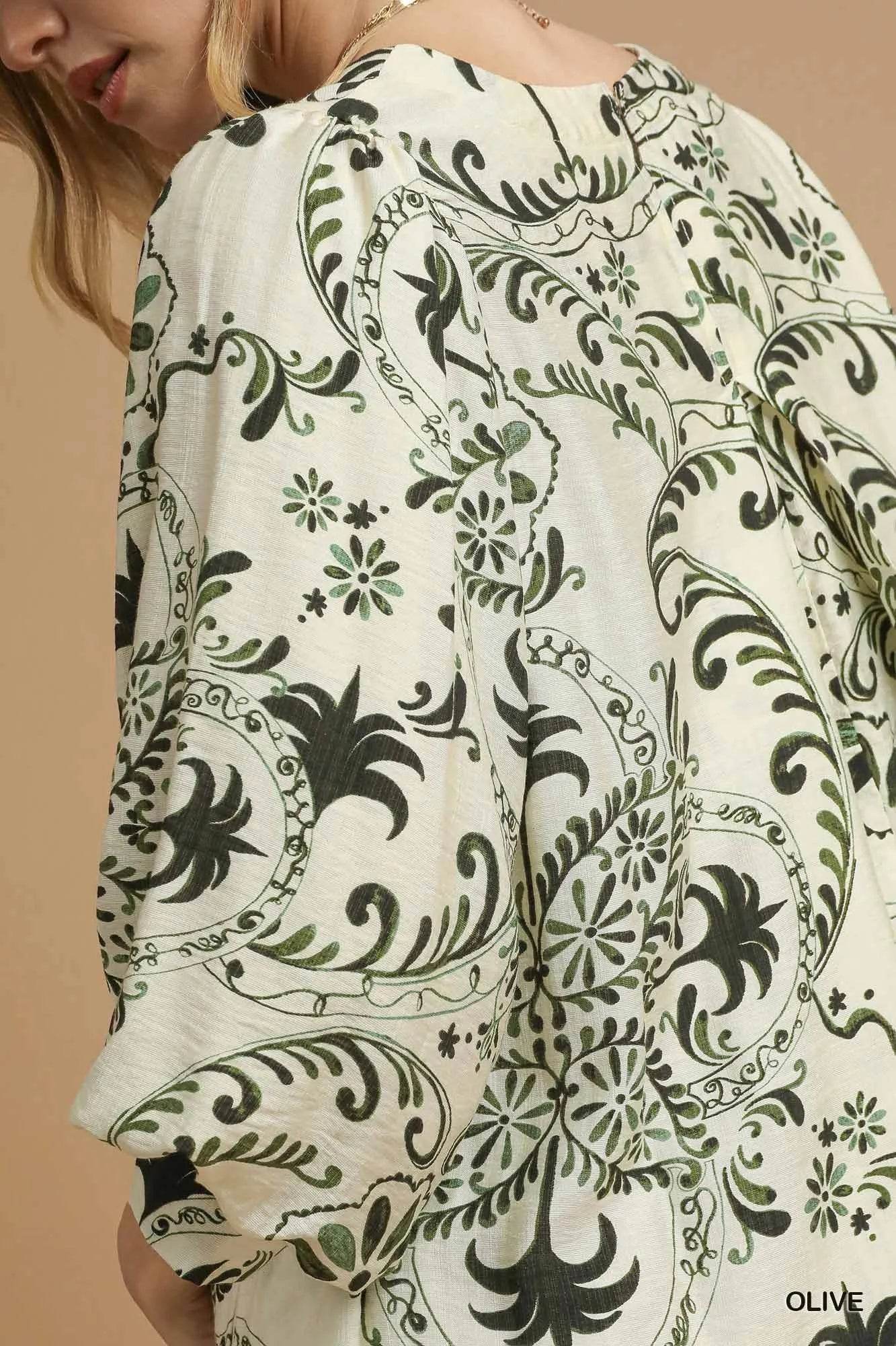 Umgee Boho Printed Balloon Sleeve Mini Dress - Veloro