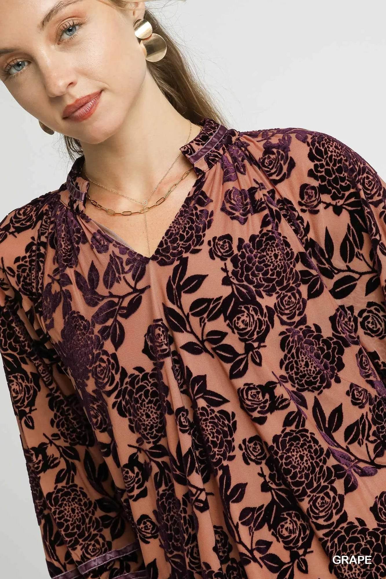Umgee Floral Velvet Blouse with Balloon Sleeves - Veloro