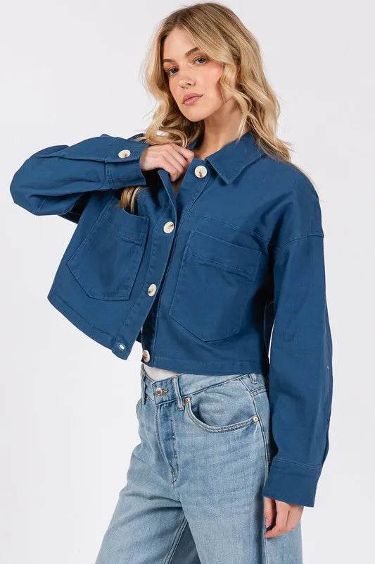 bytos Button Down Cropped Denim Jacket with Patch Pockets - Veloro
