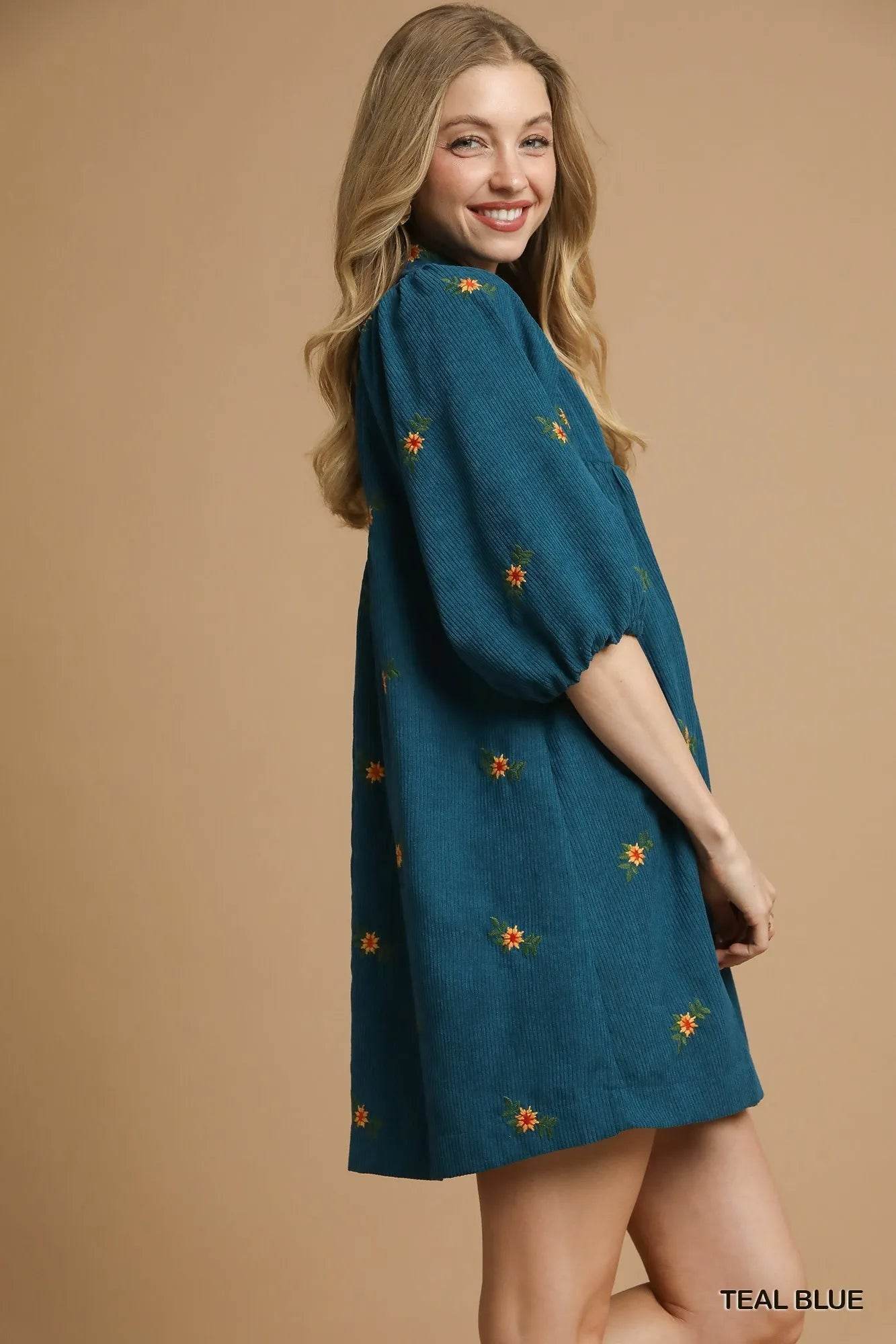 Umgee Corduroy Babydoll Dress with Floral Embroidery - Veloro
