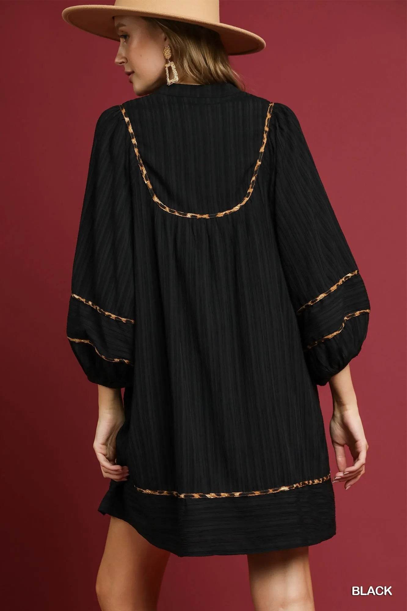 Umgee Full Size Textured Babydoll Dress with Leopard Trim Plus Size - Veloro