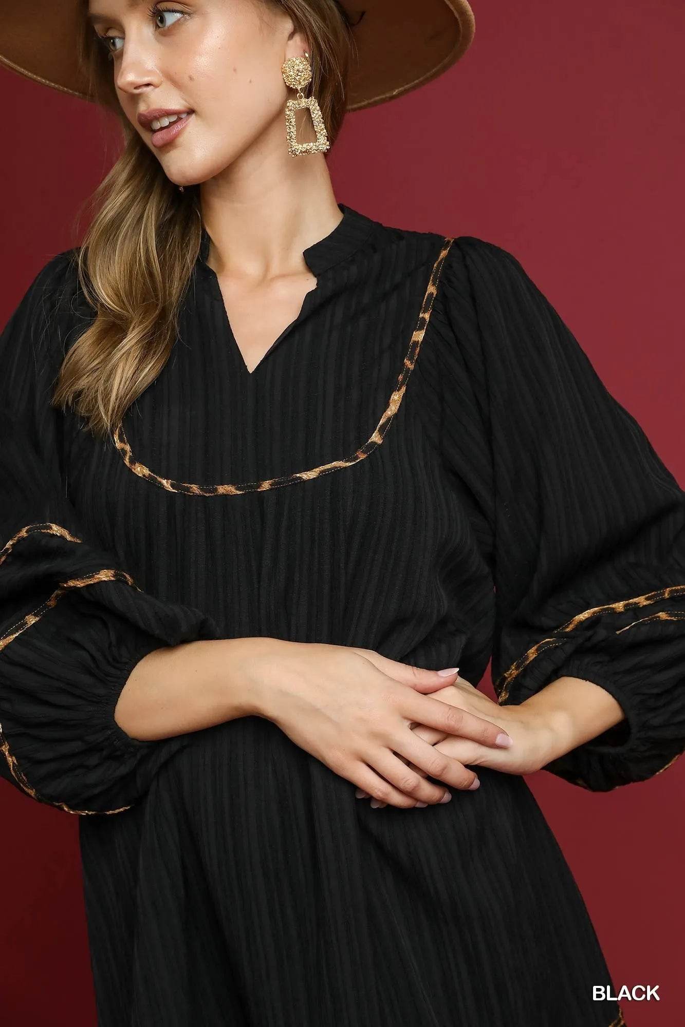 Umgee Full Size Textured Babydoll Dress with Leopard Trim Plus Size - Veloro