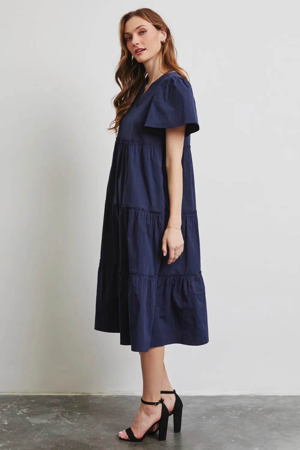 HEYSON Full Size Cotton Poplin Ruffled Tiered Midi Dress - Veloro