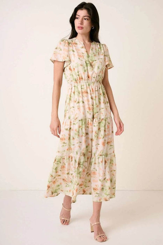 Mittoshop Flower Print Flutter Sleeve V Slit Maxi Dress - Veloro