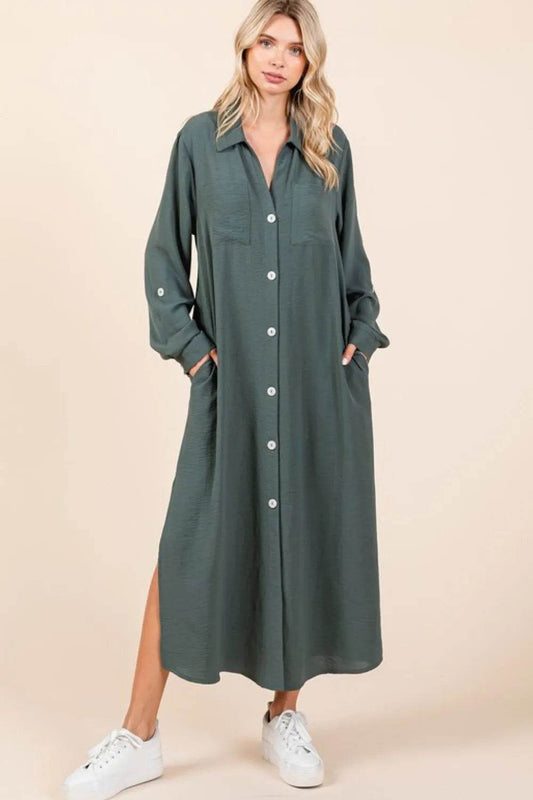 Mittoshop Airflow V-Neck Long Sleeve Button Down Maxi Dress - Veloro