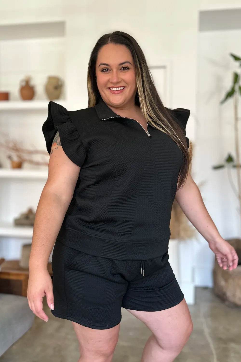 Double Take Full Size Texture Flounce Sleeve Top and Shorts Set - Veloro