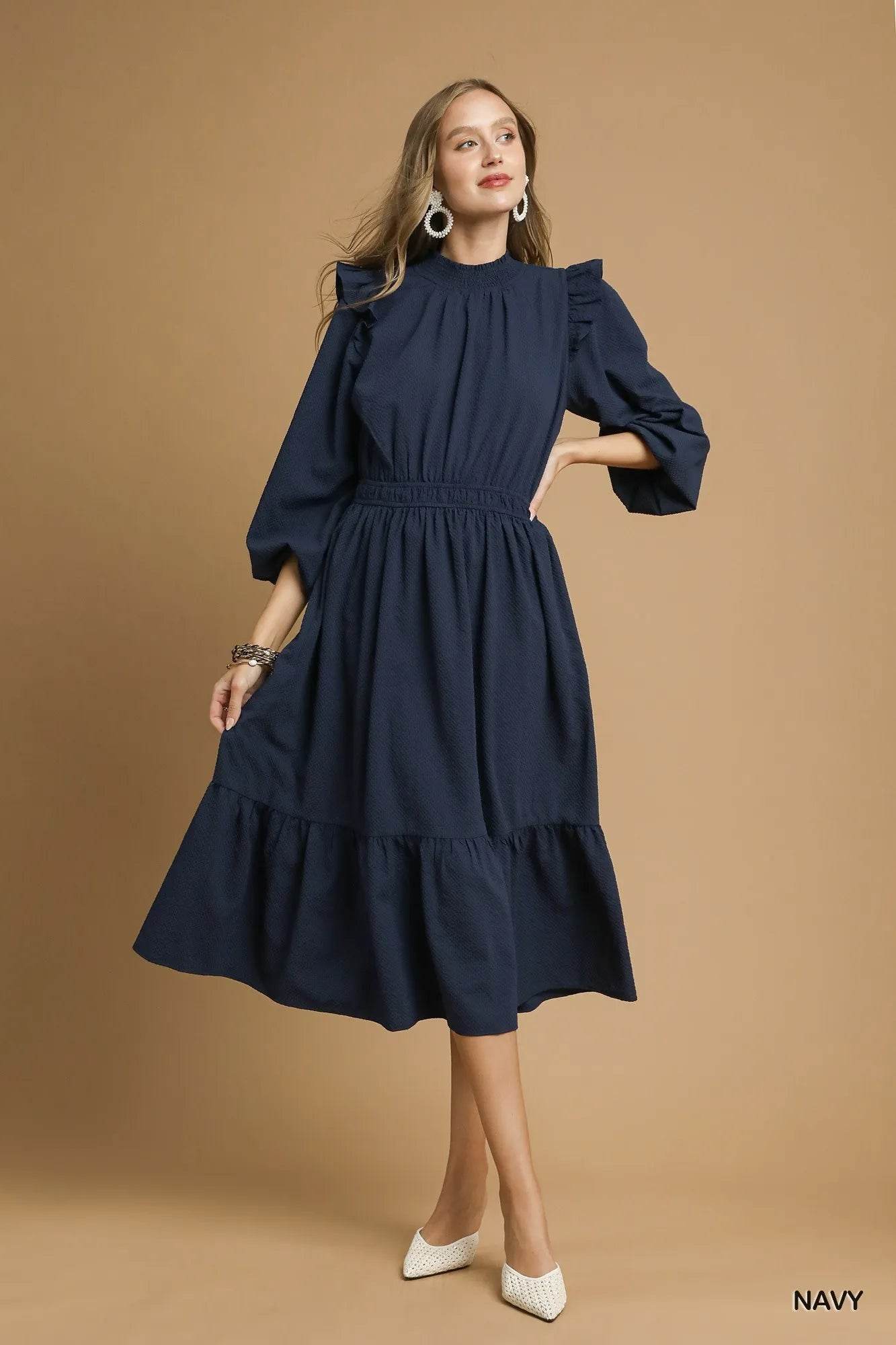 Umgee Textured Midi Dress with Ruffle Shoulder Detail - Veloro