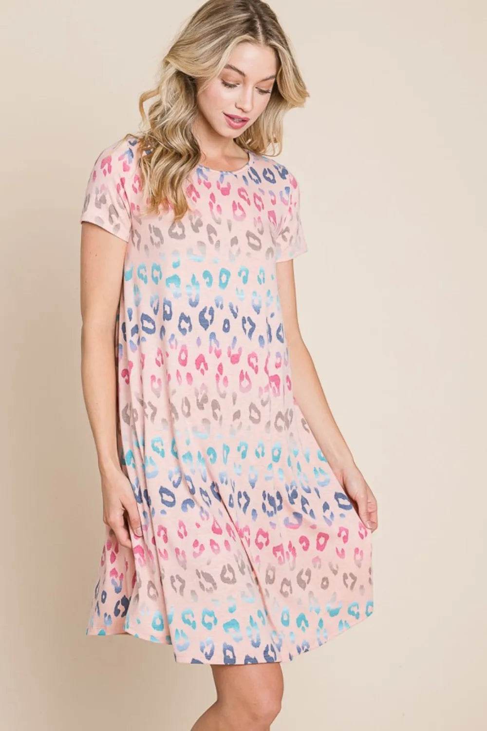 BOMBOM Leopard Round Neck Short Sleeve Dress - Veloro
