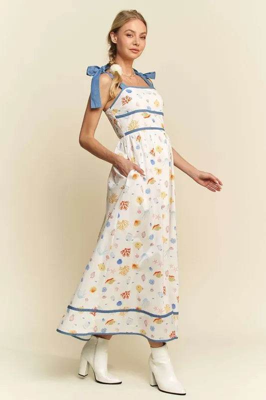 Davi & Dani Denim Binding Detail Smocking Summer Maxi Dress - Veloro