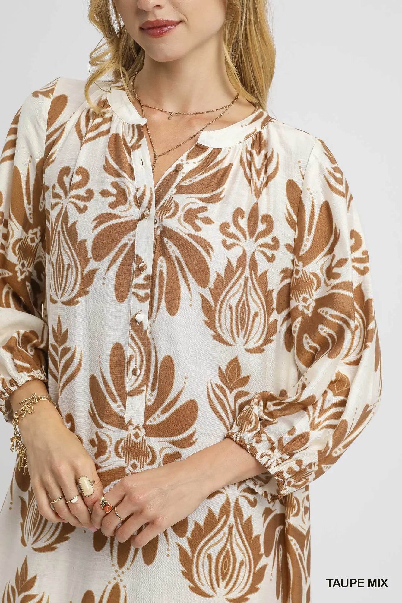 Umgee Mix Abstract Floral Print Midi Dress - Veloro