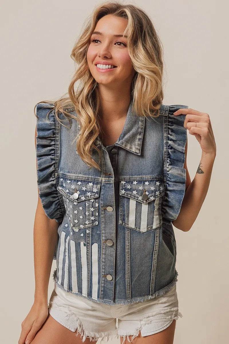 BiBi American Flag Washed Denim Jacket - Veloro