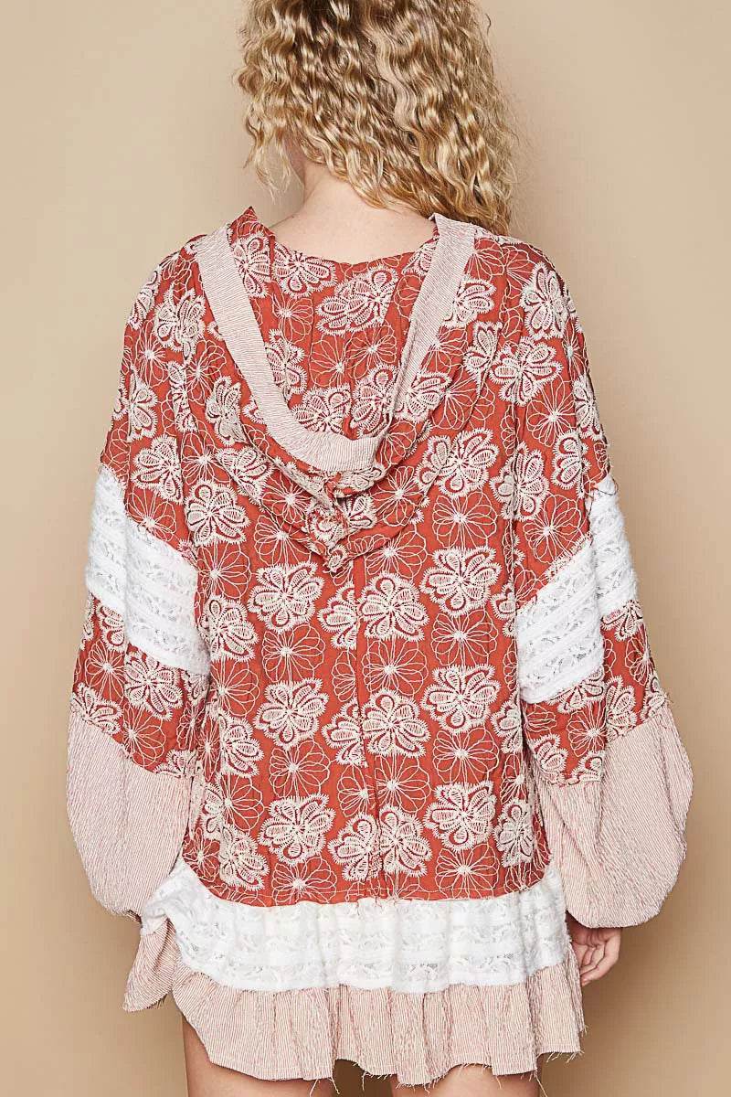 POL Ruffled Hem Floral Pattern Balloon Sleeve Hoodie - Veloro